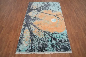 A Serene Autumn Night: Moonlit Tree Silhouette Abstract Area Rug 5x8