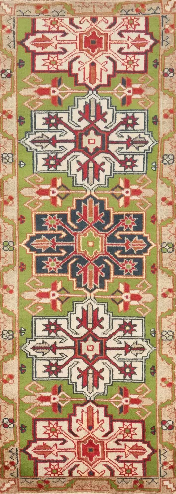 Green Wool Kazak Handmade Runner Rug 3x8