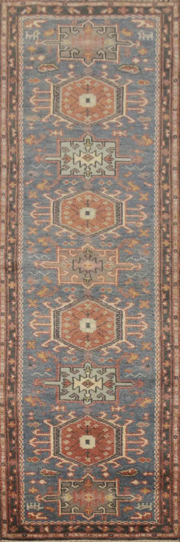 Handmade Blue Kazak Indian Runner Rug 3x10