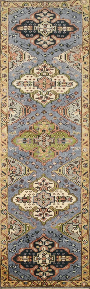 Blue Geometric Kazak Handmade Runner Rug 3x10