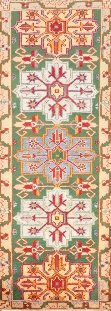 Geometric Green Kazak Handmade Runner Rug 3x8