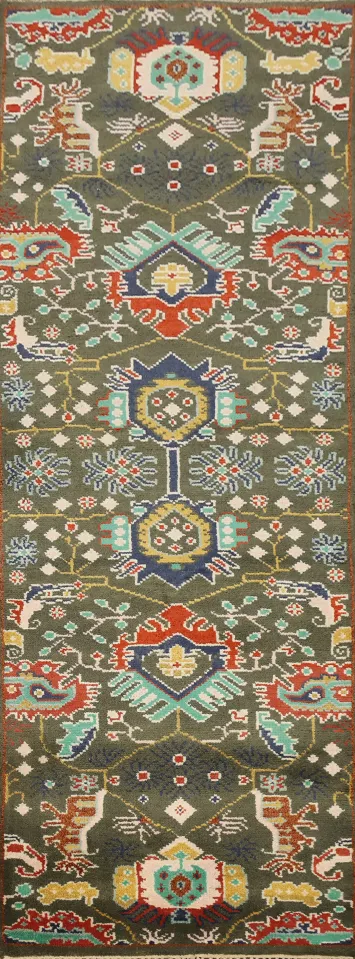 Handmade Green Oushak Indian Runner Rug 3x8