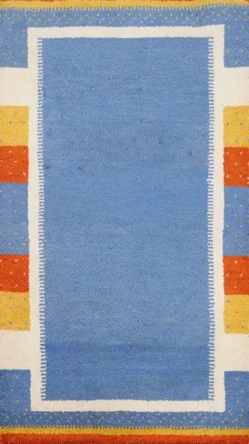 Vibrant Geometric Blue Wool Gabbeh Rug 2x4 with Colorful Accents