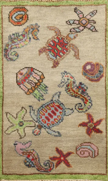 Colorful Sea Life Oriental Rug 2x3 with Seahorses and Turtles Design