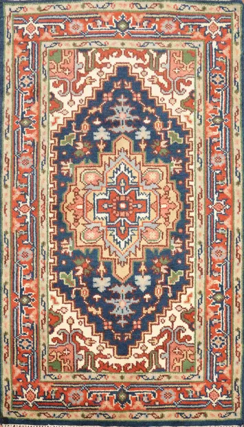 Blue Geometric Heriz Serapi Handmade Rug 3x5