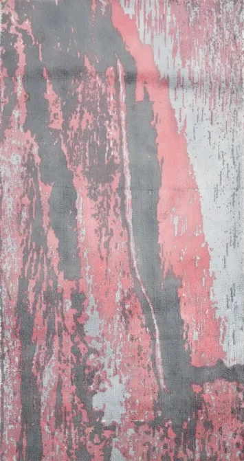 Modern Abstract Rug 2x4 with Pink and Grey Brushstroke Design