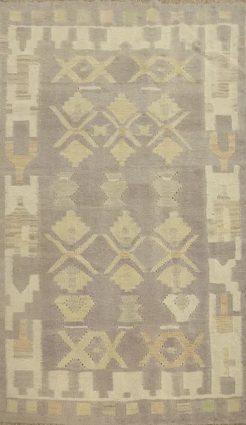 Neutral Toned Wool Kilim Rug 3x5 with Geometric Accents