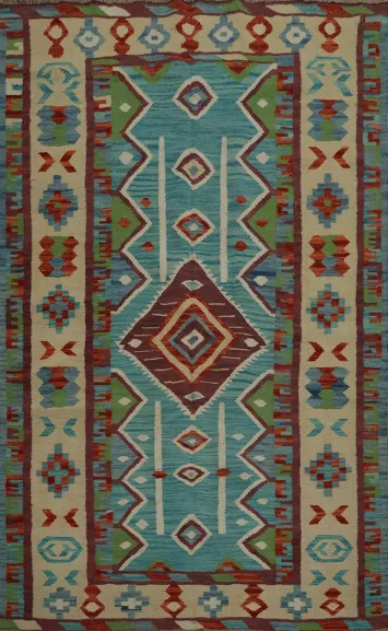 Dynamic Kilim Vegetable Dye Rug 4x6 with Traditional Motifs