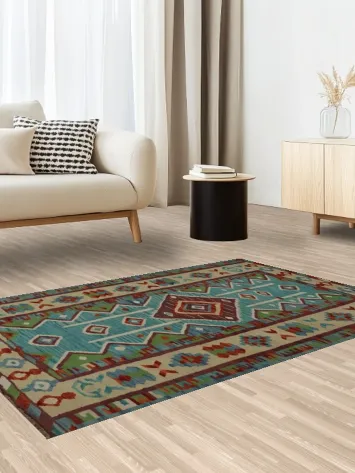 Dynamic Kilim Vegetable Dye Rug 4x6 with Traditional Motifs