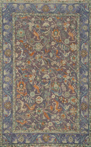 Purple Animals Wool Tabriz Persian Area Rug 5x8