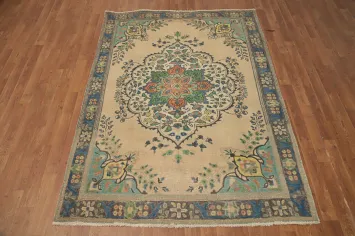 Handmade Floral Wool Medallion Tabriz Persian Rug 5x6