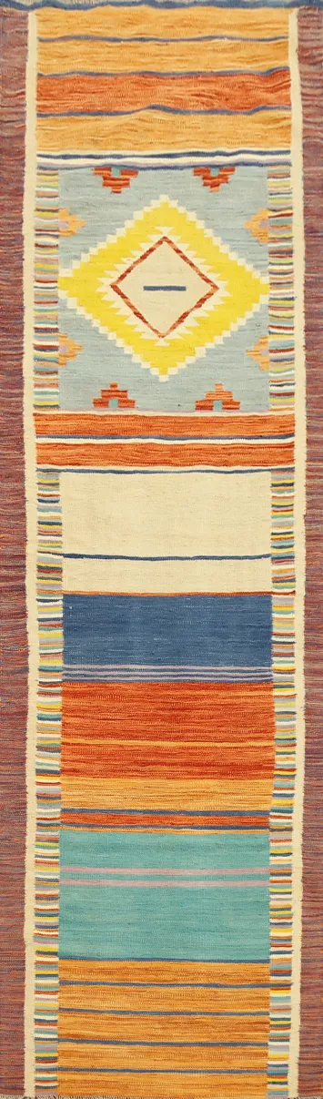 Vibrant Geometric Kilim Runner Rug 3x11 with Southwestern Flair