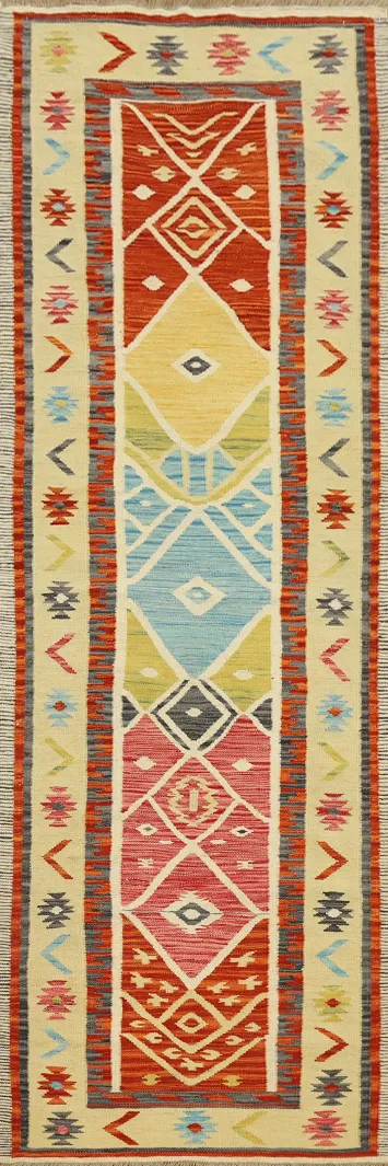 Vibrant Geometric Kilim Runner Rug 3x10 with Aztec Inspirations
