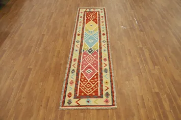 Vibrant Geometric Kilim Runner Rug 3x10 with Aztec Inspirations