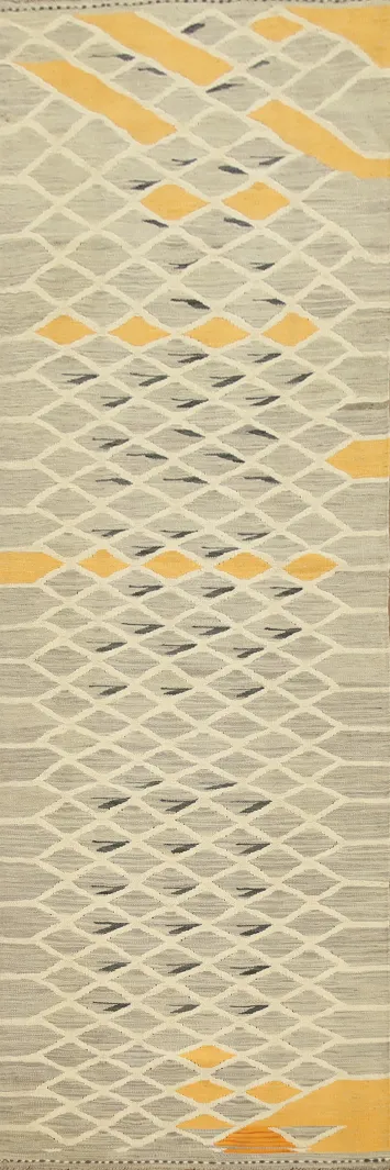 Contemporary Linear Chevron Kilim Runner Rug 3x10 in Subtle Yellow Hues