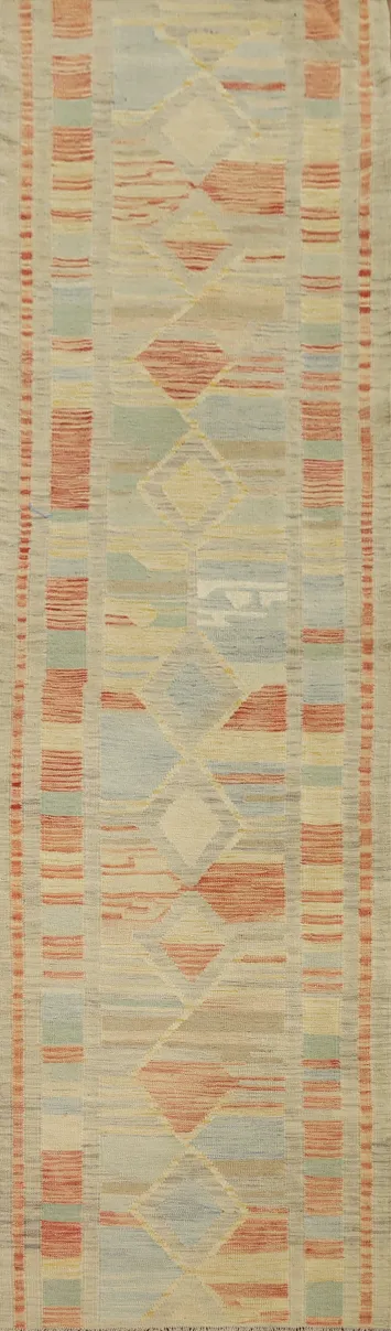 Elegant Geometric in Earthy Tones Handwoven Kilim Runner Rug 3x12