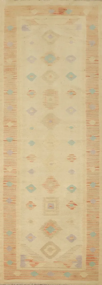 Vegetable Dye Geometric Kilim Flat Weave Runner Rug 3x10