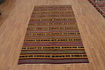 Vibrant Striped Wool Kilim Area Rug 5x9 with Intricate Design