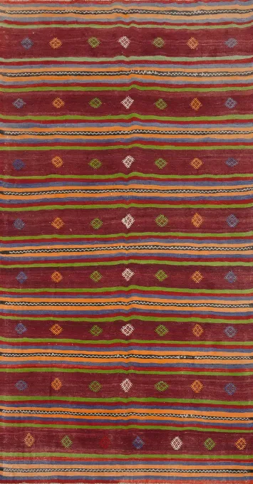 Striped Red Geometric Kilim Vegetable Dye Area Rug 5x10