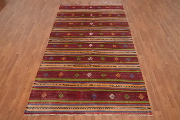 Striped Red Geometric Kilim Vegetable Dye Area Rug 5x10