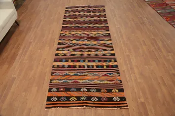 Vibrant Patterns on Kilim Runner Rug 4x11 Rich Textile Artistry