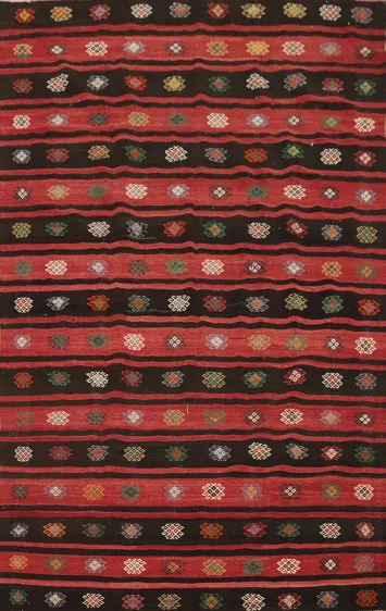 Vibrant Striped Kilim Area Rug 7x11 with Intricate Geometric Designs