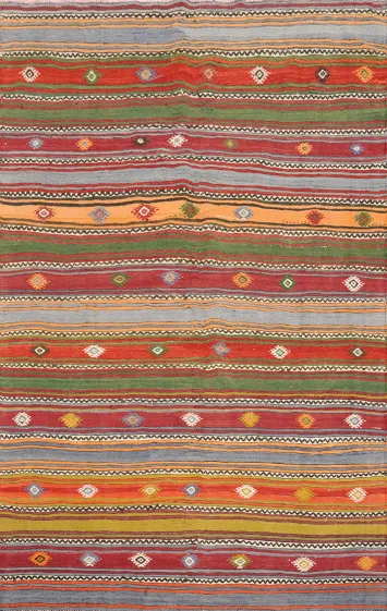 Vibrantly Striped Kilim Rug 5x7 with Geometric Motifs