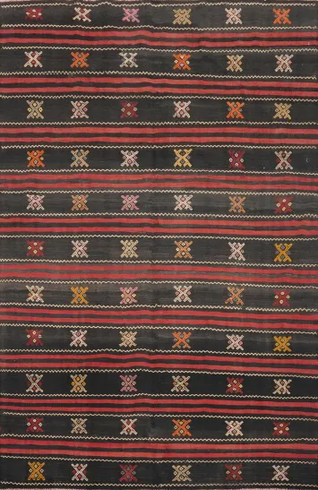 Elegant Dark Kilim Area Rug 6x8 with Intricate Embroidered Tribal Art