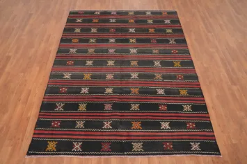 Elegant Dark Kilim Area Rug 6x8 with Intricate Embroidered Tribal Art