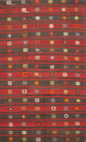 Elegant Ethnic Kilim Area Rug 7x10 with Rich Red Stripes and Motifs