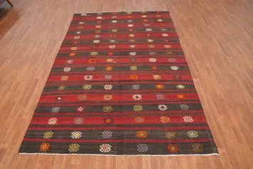Elegant Ethnic Kilim Area Rug 7x10 with Rich Red Stripes and Motifs