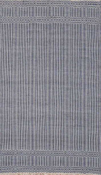 Classic Blue Striped Kilim Area Rug 5x8 with Detailed Geometric Border