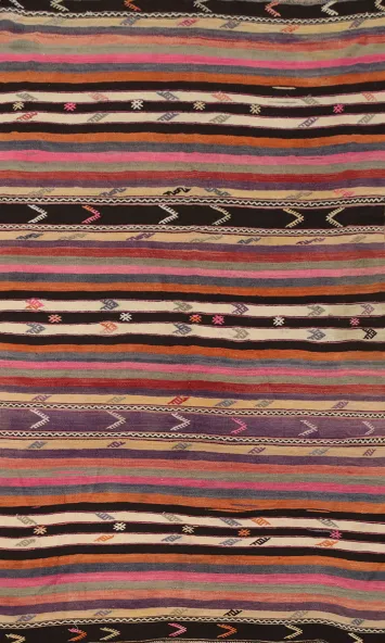 Vibrant Striped Pattern Kilim Area Rug 5x9 with Tribal Motifs