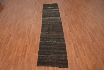 Artisanal Threaded Kilim Runner Rug 3x11 with Rich Dark Design