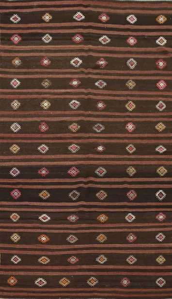 Rich Brown Kilim Area Rug 6x10 with Colorful Diamond Patterns