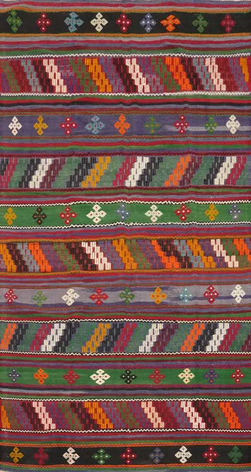 Vibrant Kilim Area Rug 6x10 with Multicolored Geometric Patterns