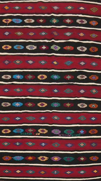 Vibrant Kilim Area Rug 5x9 Handwoven Stripes and Colorful Patterns