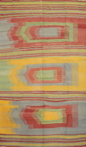 Vibrant Kilim Area Rug 5x9 with Multicolor Patterns and Dynamic Stripes
