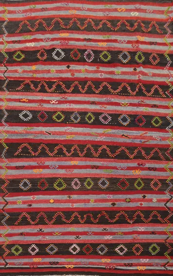 Vibrant Zigzag and Diamond Multi-Color Kilim Area Rug 7x11