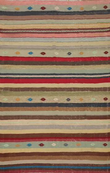 Striped Kilim Area Rug 5x8 with Earthy Tones and Intricate Patterns
