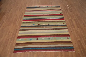 Striped Kilim Area Rug 5x8 with Earthy Tones and Intricate Patterns