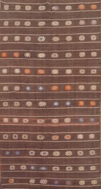 Earthy Brown Kilim Area Rug 5x9 Featuring Colorful Ethnic Motifs