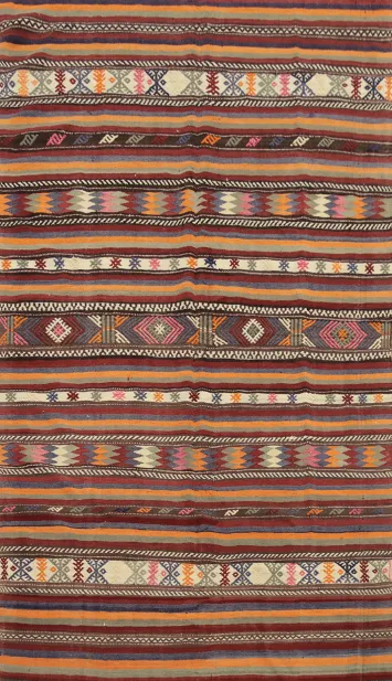 Bohemian Kilim Area Rug 6x10 in Colored Stripes and Ethnic Motifs