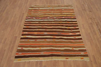 Elegant Woven Kilim Rug 5x7 with Warm Multicolor Stripe Design