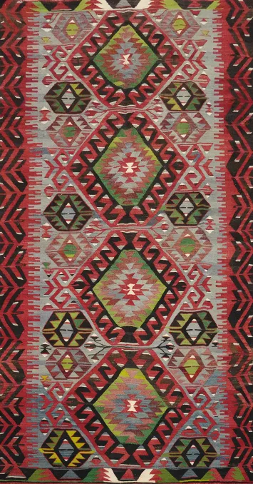 Vibrant Geometric Wool Kilim Area Rug 5x10 with Bold Red Accents