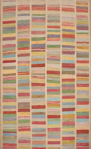 Contemporary Style Kilim Area Rug 9x12 with Lively Stripe Motif