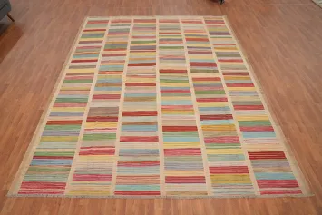 Contemporary Style Kilim Area Rug 9x12 with Lively Stripe Motif