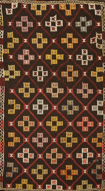 Dark Geometric Kilim Vegetable Dye Wool Rug 4x8