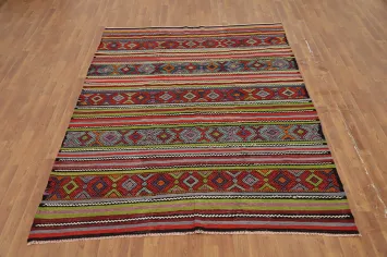Colorful Striped Kilim Area Rug 6x8 with Intricate Geometric Motifs