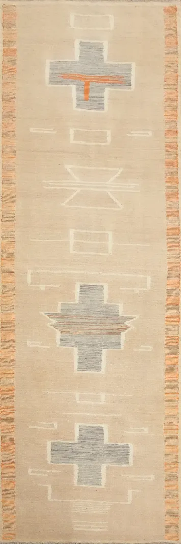 Southwestern Wool Kilim Runner Rug 3x10 with Neutral Tones